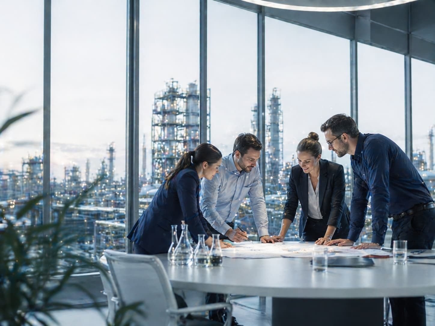 Equipo técnico revisando soluciones químicas para industria